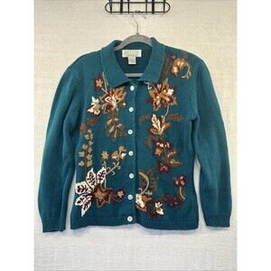 Petite Sophisticate Cardigan Womens S Fall Leaves Teal Collar Cottagecore Granny